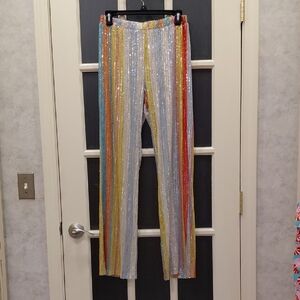 "Touch Me" NWT,Unisex , Sz.M,Sequin Rainbow Stripe Pants. 14in elastic waistband